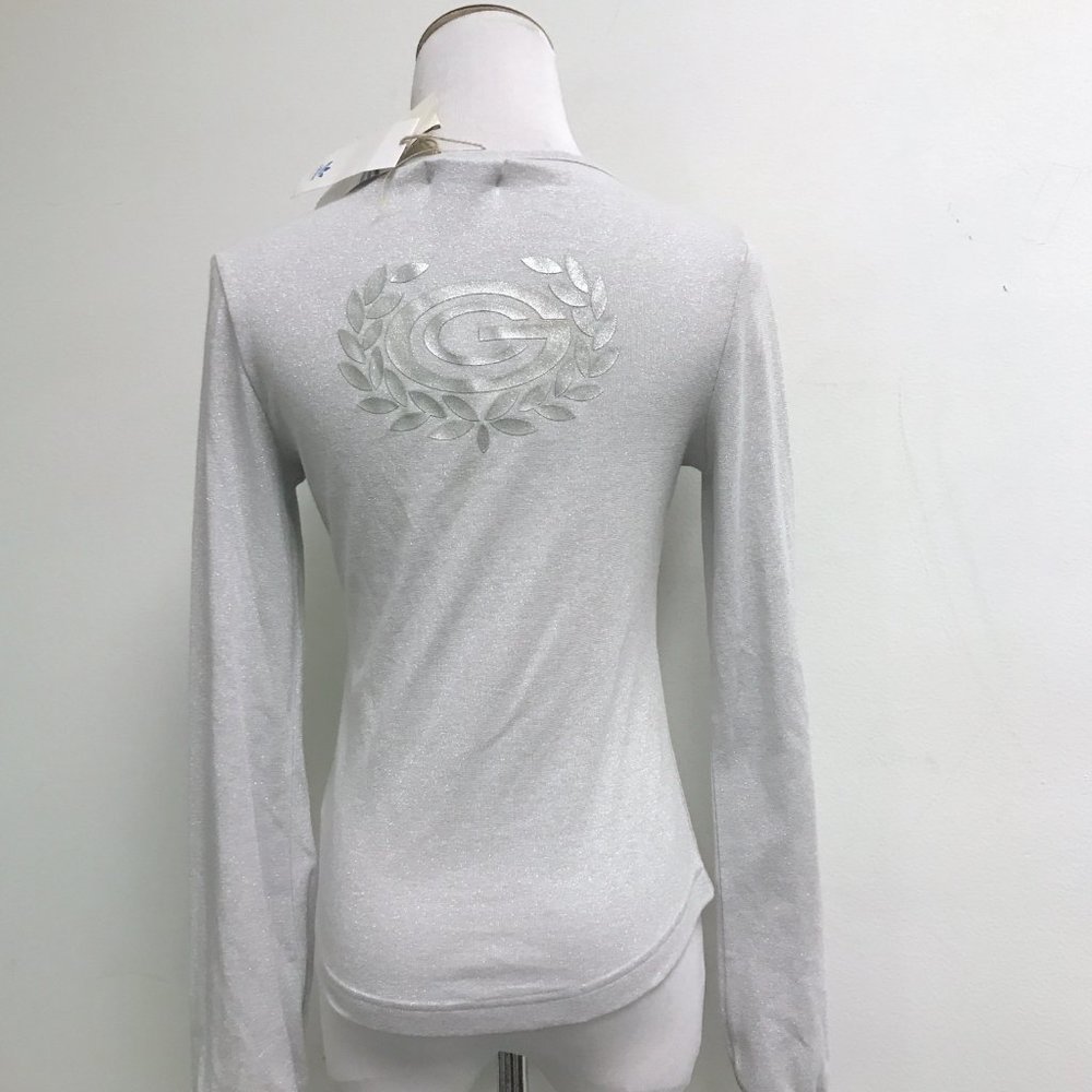 Adidas silver metallic logo long sleeve v neck top S NWT scoop neck - Picture 4 of 7